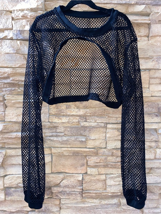 Dazy Tops - Dazy Black Fishnet Mesh Cutout Long Sleeve Crop Top Medium